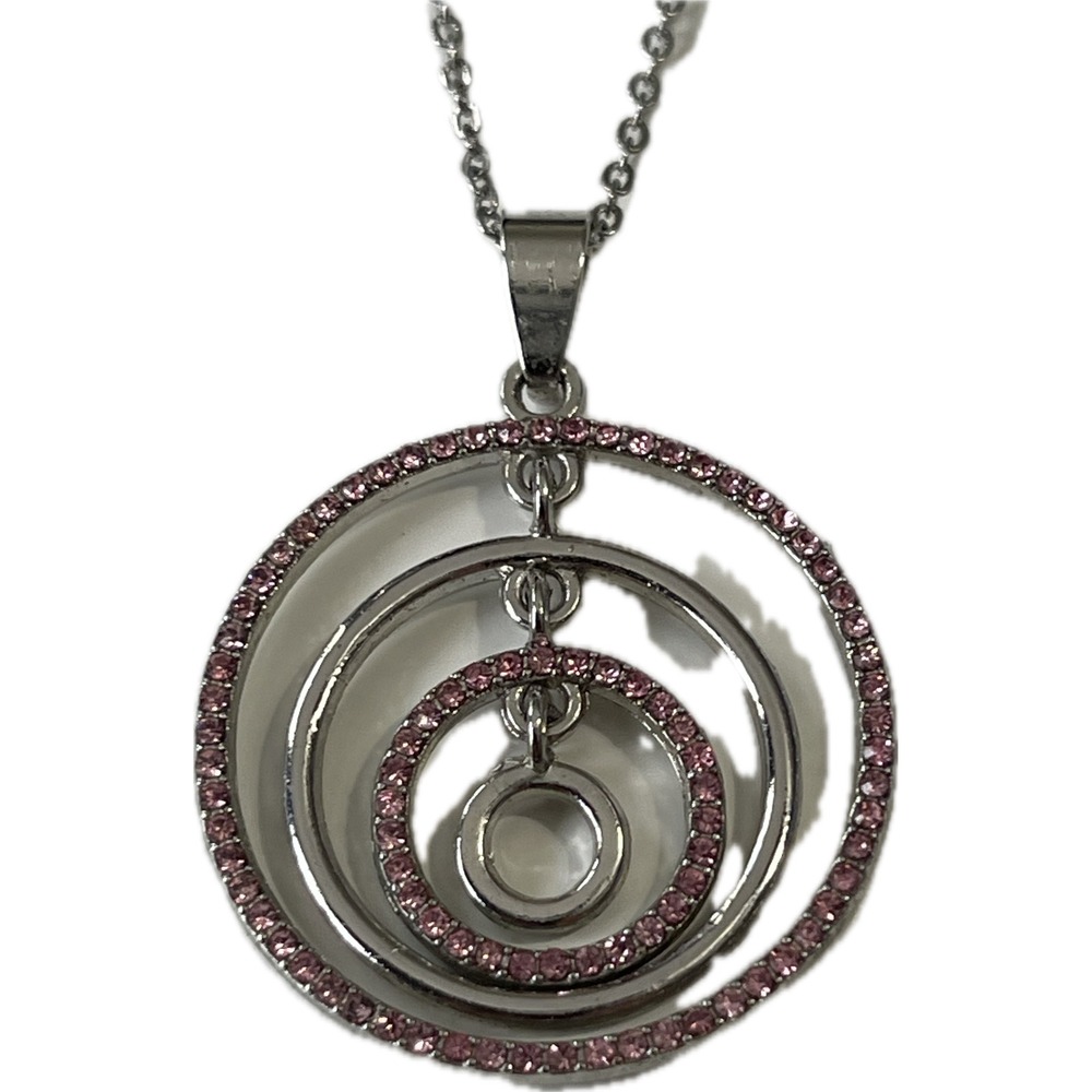 Silver Tone Pink Rhinestone Concentric Circle Pendant Necklace 18 Inch Chain